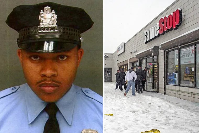 According to authorities, Philadelphia police officer Robert Wilson (left) died after being shot in the head Thursday afternoon in a North Philadelphia GameStop.