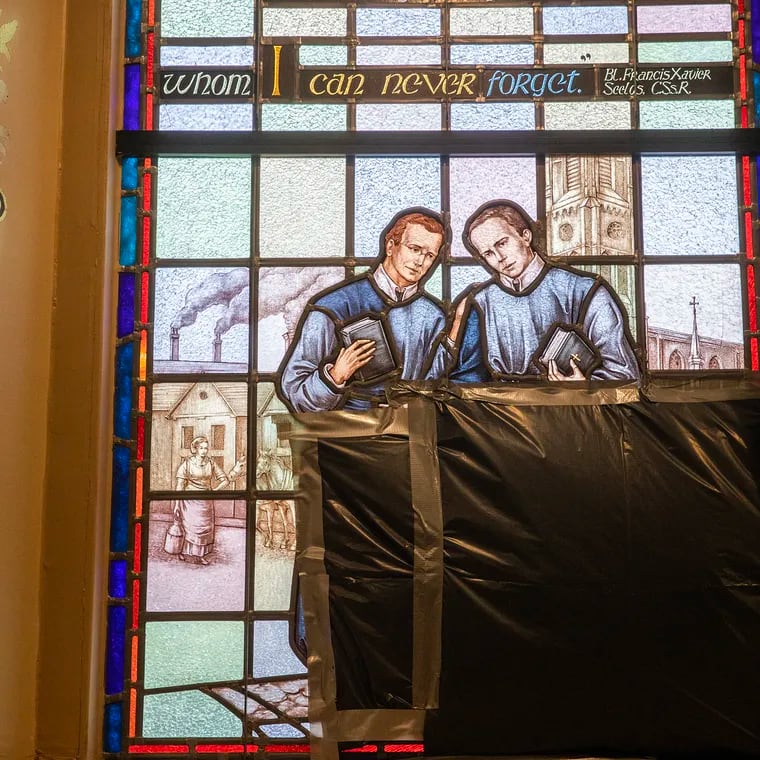 Three stained glass windows were damaged at the National Shrine of St. John Neumann earlier this week. An arrest has been made. The interior of a damaged  window is shown on Feb. 23, 2024.  The National Shrine of St. John Neumann is a Roman Catholic National shrine dedicated to St. John Neumann, the fourth Bishop of Philadelphia and the first American male to be canonized.