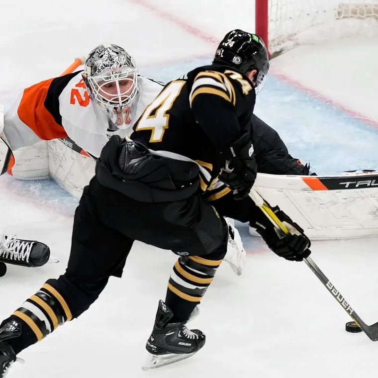 Boston Bruins' Jake DeBrusk sets up to score on Philadelphia Flyers' Felix Sandstrom during the third period of an NHL hockey game, Saturday, March 16, 2024, in Boston.