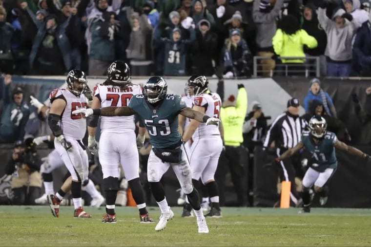 Nigel Bradham reacts after an incompleted Falcons pass during the second half of the Eagles’ 15-10 playoff win Saturday.