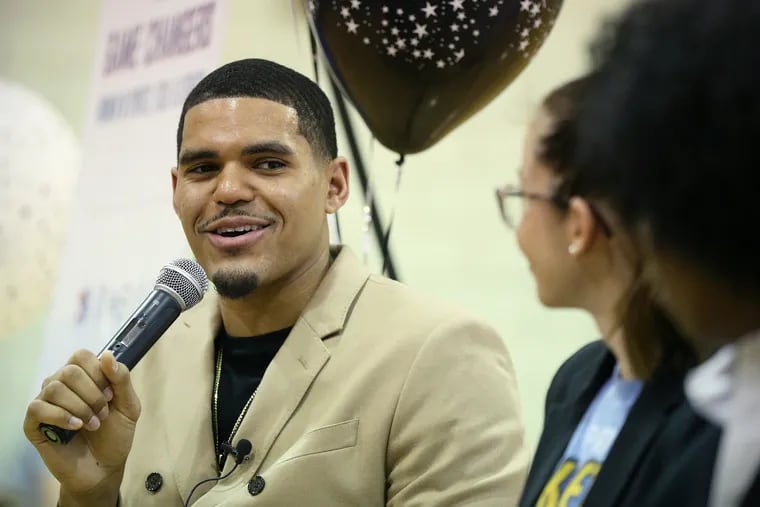 The Sixers' Tobias Harris moderates a panel of women professionals for middle-school girls at the Shepard Recreation Center in West Philadelphia on March 21, 2019. Harris helped organize the event for Women's History Month.