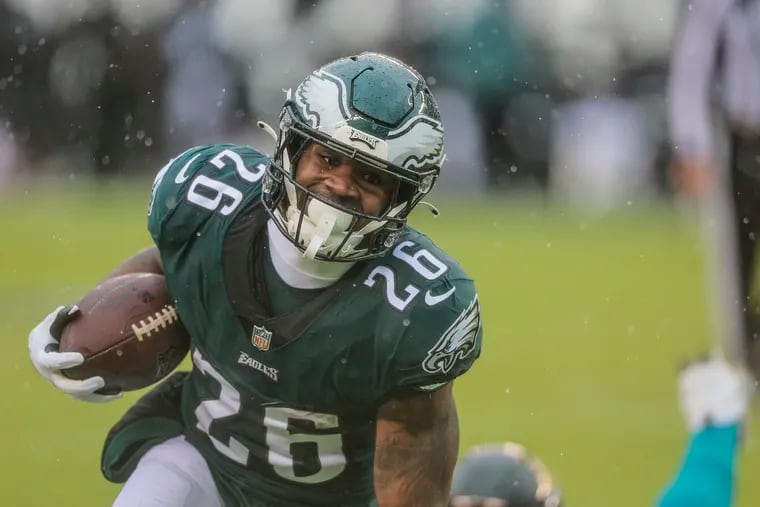 Philadelphia Eagles running back Miles Sanders (26) on a touchdown run against the Jaguars during the 2nd quarter at Lincoln Financial Field,  Sunday,  October 2, 2022