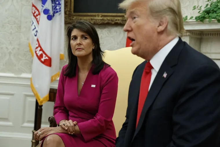 President Donald Trump speaks during a meeting with outgoing U.S. Ambassador to the United Nations Nikki Haley in the Oval Office of the White House, Tuesday, Oct. 9, 2018, in Washington.