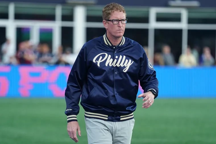 Union manager Jim Curtin on the sideline during a game against the New England Revolution at Gillette Stadium in Foxborough, Mass., on May 28. His jacket was designed by Philadelphia sports apparel company Mitchell & Ness.