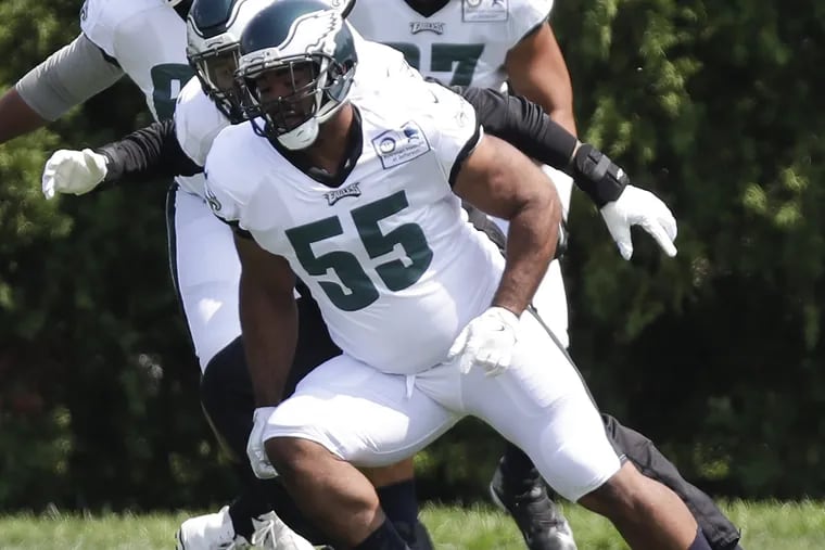 Eagles defensive end Brandon Graham runs with his teammate during practice at the NovaCare Complex on Sunday, August 26, 2018. YONG KIM / Staff Photographer