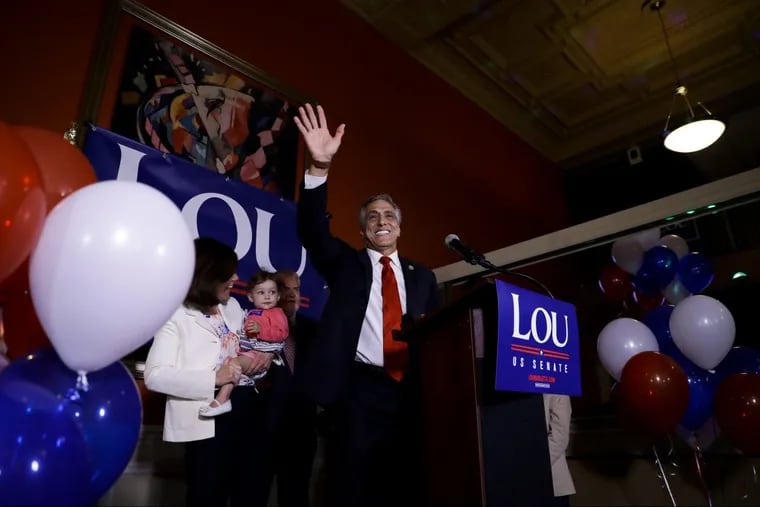 U.S. Rep. Lou Barletta, R-Pa., Republican primary candidate for U.S. Senate, gestures after talking to supporters during an election night results party, Tuesday, May 15, 2018, in Hazleton, Pa.