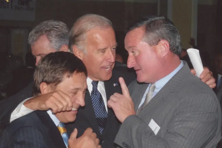 In this 2006 photo, then-City Councilman Jim Kenney (right) speaks to then-U.S. Sen. Joe Biden (center) while then-City Councilman Frank DiCicco listens. Courtesy Jim Kenney.