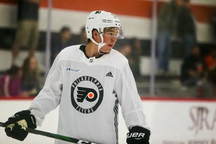 Right winger Bobby Brink, a Flyers prospect shown during development camp in June, is off to a fast start as a freshman at the University of Denver.