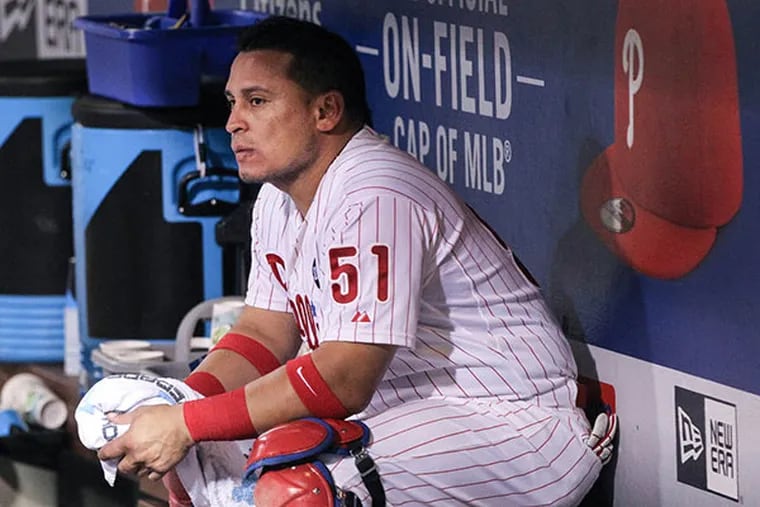Phillies catcher Carlos Ruiz one of the last to leave the dugout after falling to the Nationals 4-0 at Citizens Bank Park in Philadelphia, Tuesday, September 15, 2015.