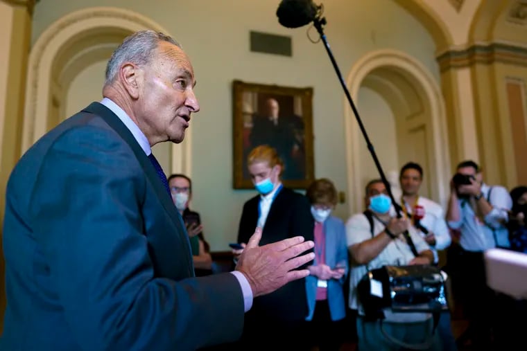 Senate Majority Leader Chuck Schumer, shown updating reporters on the infrastructure negotiations last Wednesday.