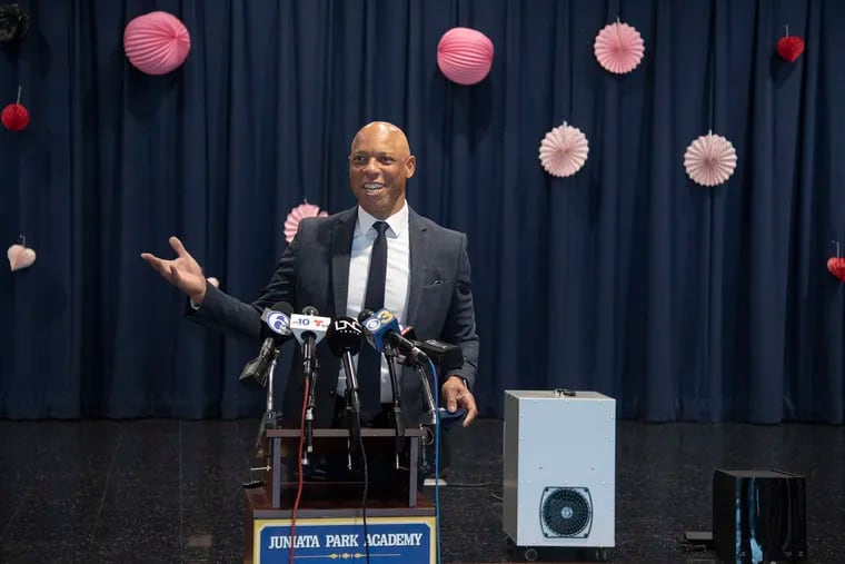 Philly Schools Superintendent William R. Hite Jr. talks about the use of air purifiers, behind him and to the right, that will be implemented when classrooms reopen in the fall.