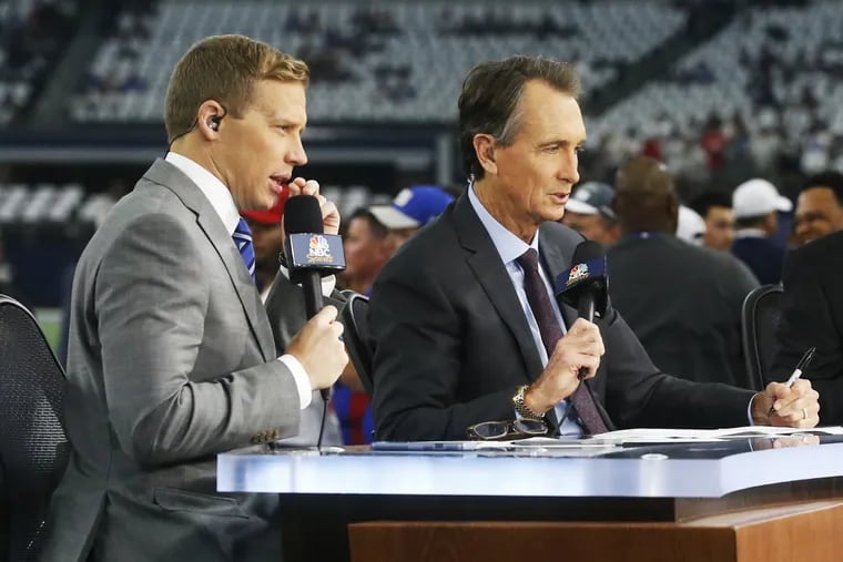 NBC host Liam McHugh (left) alongside 'Sunday Night Football' analyst Cris Collinsworth during 'Football Night in America.'