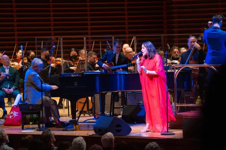 Pink Martini vocalist China Forbes and pianist Thomas Lauderdale performing with the Philadelphia Orchestra in Verizon Hall, Nov. 3, 2022.