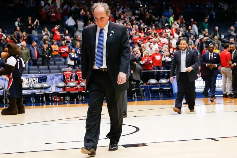 Temple coach Fran Dunphy walks off the court after losing to Belmont, 81-70, in the NCAA First Four at the University of Dayton Arena in Dayton, Ohio on Tuesday.
