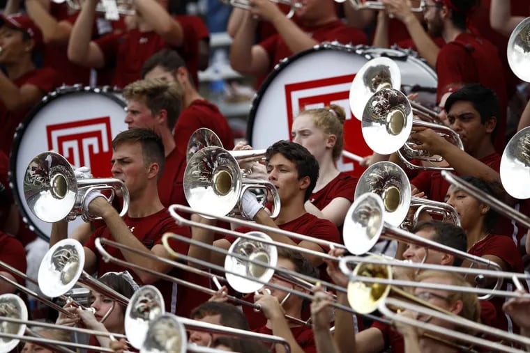 Members of the Temple band perform in the second half of an NCAA college football game between Temple and Maryland, Saturday, Sept. 15, 2018, in College Park, Md. (AP Photo/Patrick Semansky)