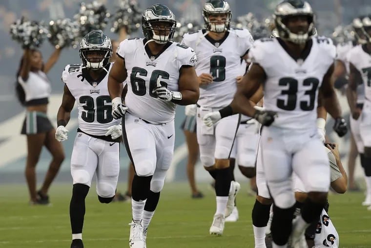 Eagles defensive tackle Bruce Hector (66) runs of field before the Eagles played a preseason game against the New York Jets on Thursday, August 30, 2018. YONG KIM / Staff Photographer