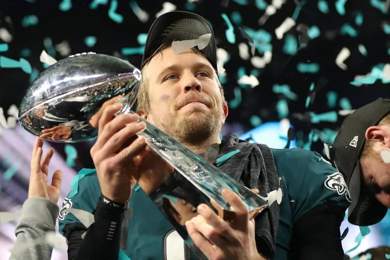 Nick Foles holds up the Lombardi Trophy after the Eagles defeated the Patriots to win Super Bowl LII.