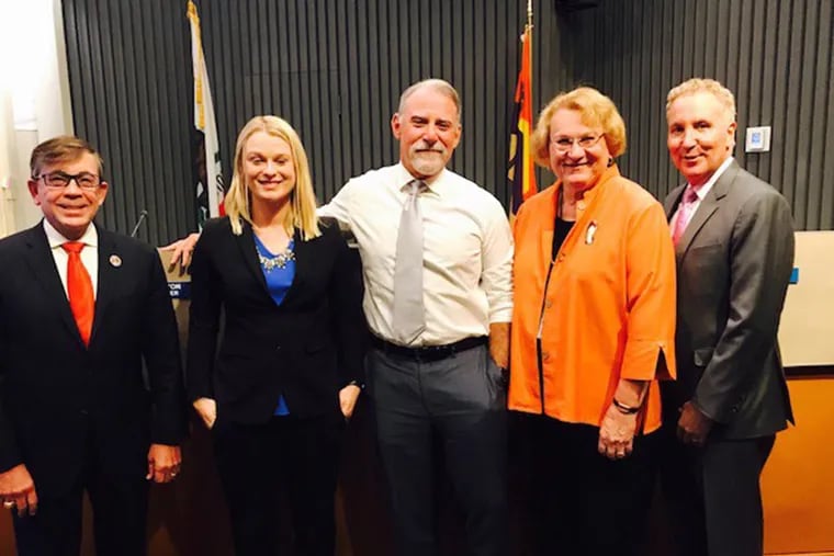 Mayor Robert Moon, left, Christy Holstege, J.R. Roberts, Lisa Middleton and Geoff Kors constitute the Palm Springs, California, City Council, the first in the United States to be all-LGBT.