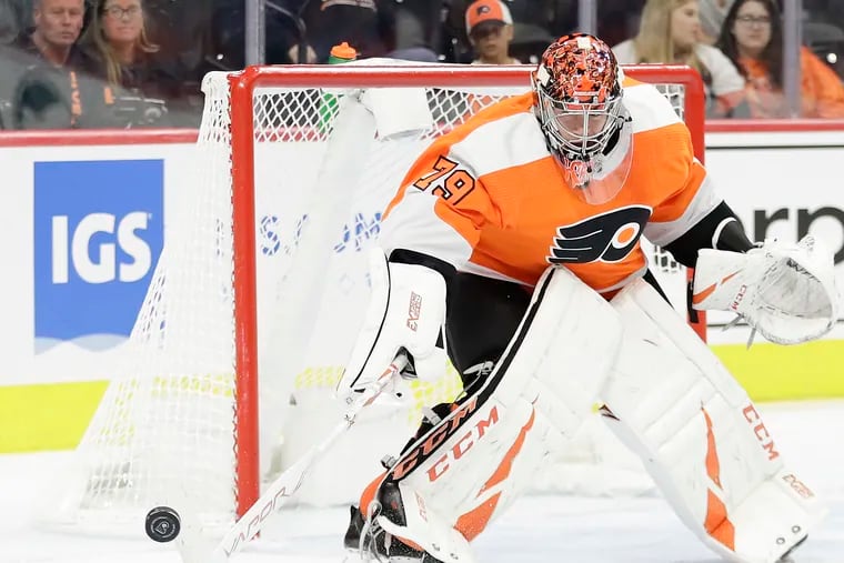 Flyers goaltender Carter Hart had a strong game Tuesday against the visiting Carolina Hurricanes.