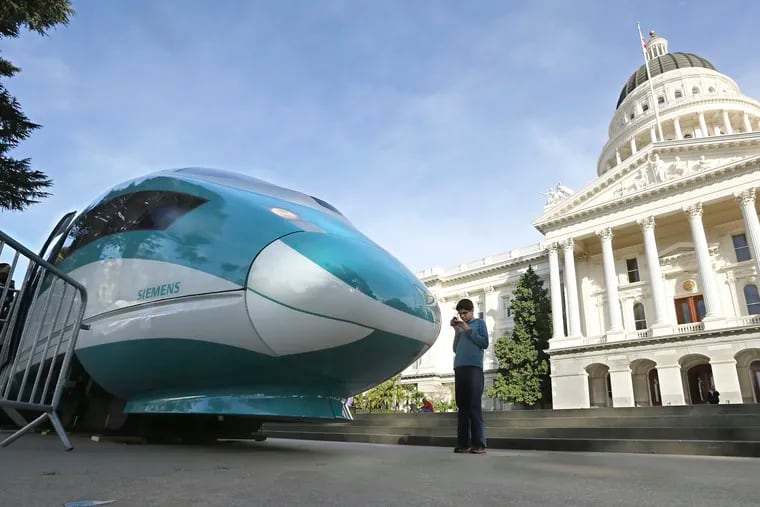 A full-scale mock-up of a high-speed train is displayed at the state Capitol in Sacramento, Calif.