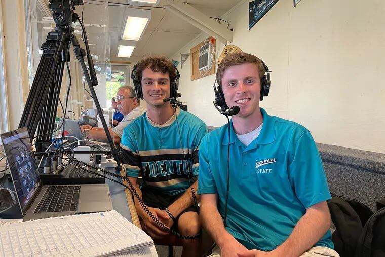 Adam Fine (left) in the broadcast booth for baseball.