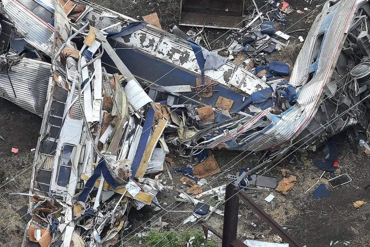 The remains of one of the rail cars from Amtrak train 188 derailment at the scene in the Port Richmond section of Philadelphia on May 14, 2015.