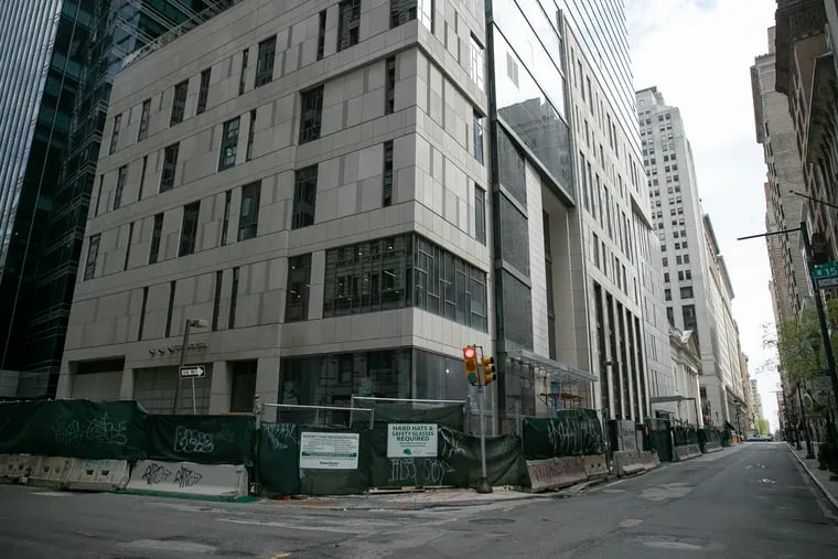 The quiet construction site of the W and Element hotel tower at 1441 Chestnut in Center City Philadelphia earlier this month. The opening has been delayed by two months due to the coronavirus (COVID-19).