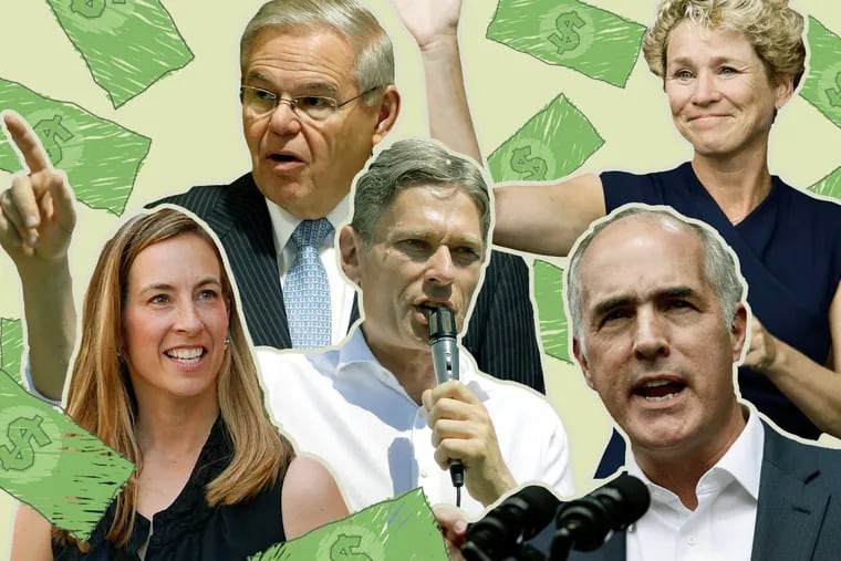 Joint-fundraising committees have sent millions of dollars to congressional candidates in Pennsylvania and New Jersey, including (from left): Mikie Sherrill, U.S. Sen. Bob Menendez, Tom Malinowski, U.S. Sen. Bob Casey, and Chrissy Houlahan.