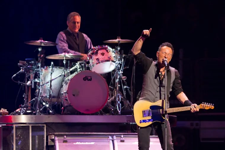Bruce Springsteen & The E Street Band bring ‘The River Tour’ to Philadelphia at the Wells Fargo Center on Feb. 12, 2016.   Drummer Max Weinberg, left, and Springsteen during "The Ties That Bind."   ( CHARLES FOX / Staff Photographer )