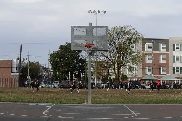 A soccer match near the basketball courts at the Vare Recreation Center near 26th and Morris Street in South Philadelphia on October 31, 2021.  The shooting happened approximately 11:39 P.M., on Saturday, October 30, 2021 and a 14-year-old male was shot in the back   No arrest and weapons have been recovered.