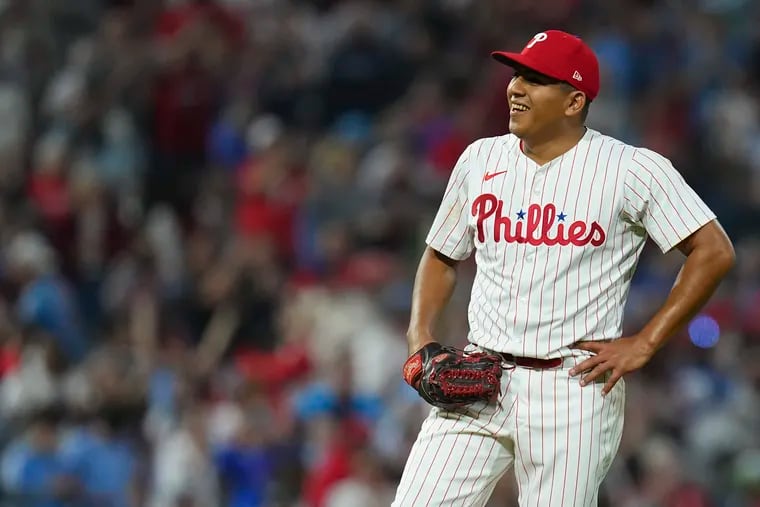 Ranger Suarez #55 of the Philadelphia Phillies reacts after pitching a complete game shutout against the Colorado Rockies at Citizens Bank Park on April 16, 2024 in Philadelphia, Pennsylvania.