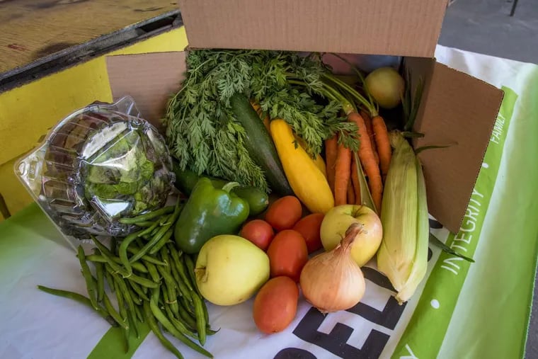A box of Sorbello Farms fruits and vegetables is readied to be delivered to a member Sept. 21, 2017.