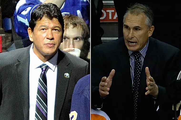 Sabres head coach Ted Nolan and Flyers head coach Craig Berube. (AP photos)