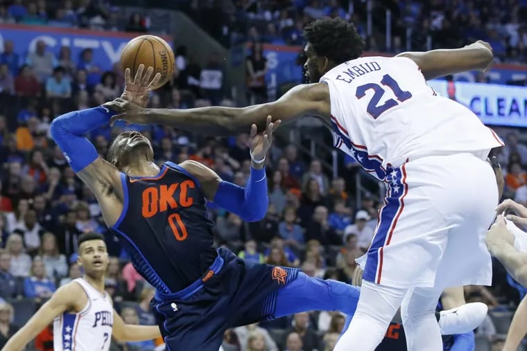 Oklahoma City Thunder guard Russell Westbrook and Philadelphia 76ers center Joel Embiid went at each other again during Sunday night’s game in Oklahoma City.