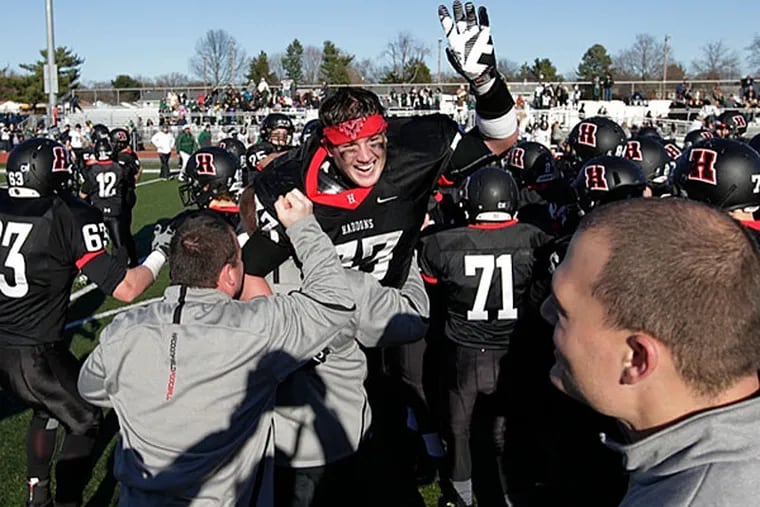 Haddonfield celebrates their win over West Deptford in the SJ 2 title fooball game at Rowan. (Michael S. Wirtz/Staff Photographer)