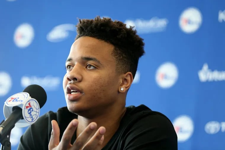 Sixers’ rookie guard Markelle Fultz talks to reporters after his exit interview earlier this month.