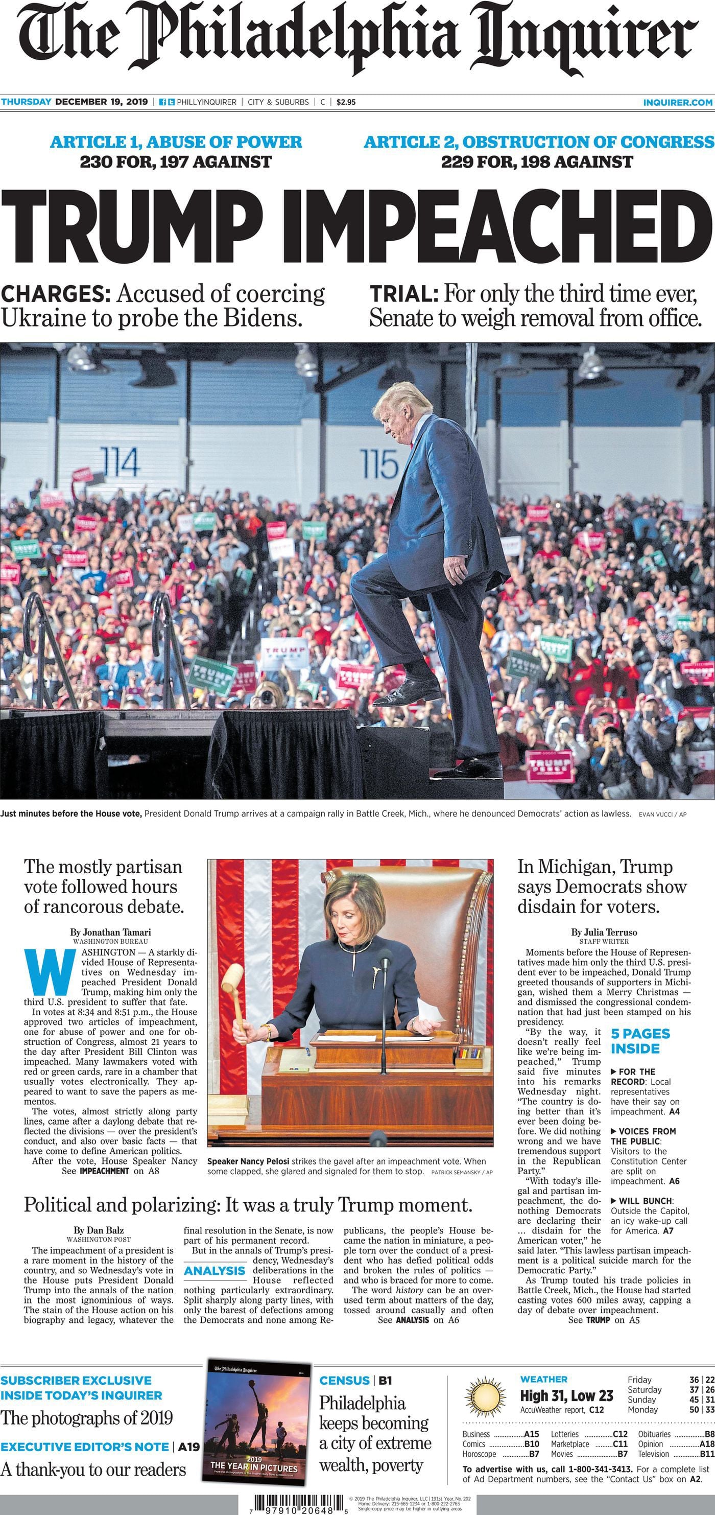 New York Times  12//19//2019 Trump Impeached Impeach NY Times Newspaper