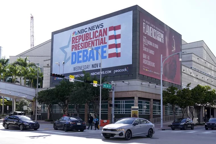 A billboard announcing the third Republican presidential debate in Miami, which will take place Wednesday night on NBC.
