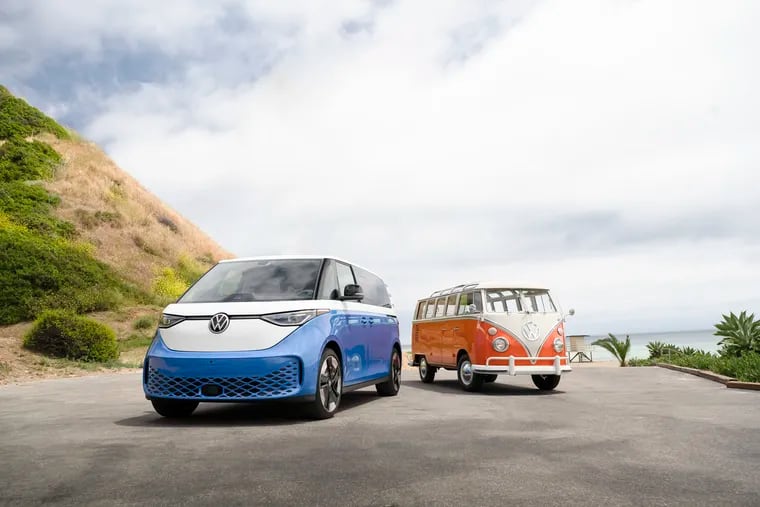 The much-anticipated Volkswagen ID. Buzz (left) is expected in dealers' lots by fall. The electric-powered minivan pays homage to the old Microbus.