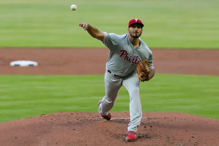 Philadelphia Phillies starting pitcher Zach Eflin works against the Miami Marlins in the first inning at Marlins Park in Miami on Saturday, April 13, 2019. (Matias J. Ocner/Miami Herald/TNS)