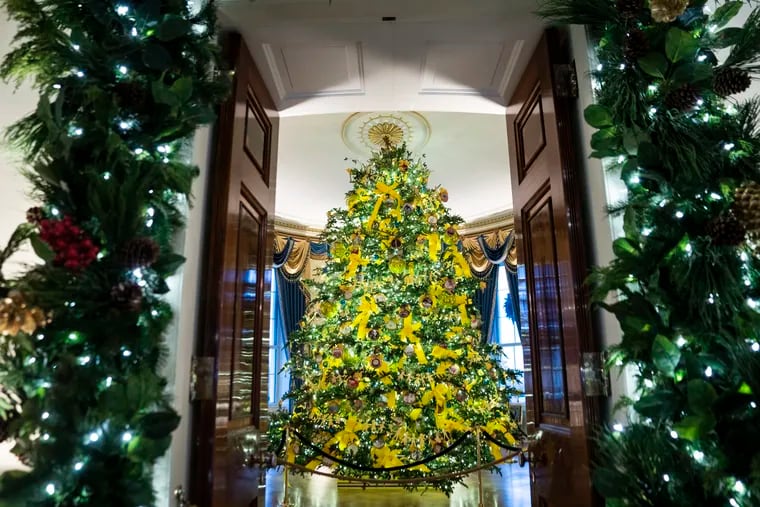 The 2020 official White House Christmas tree displayed in the Blue Room is a Fraser fir from Shepherdstown, W.Va., trimmed with more than 160 artworks created by students from each state and territory depicting something that captures the spirit of their state.