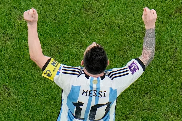 Lionel Messi celebrates after scoring for Argentina against the Netherlands.