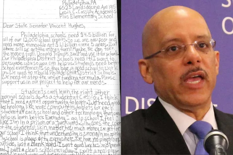 L to R: Letter from Philly student; State Sen. Vincent Hughes.