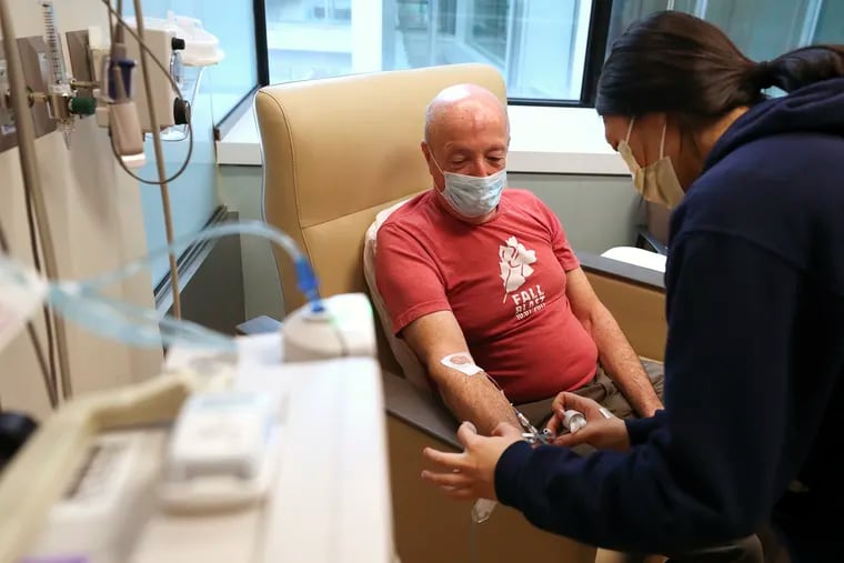 Tony Kenneff, 71, of Manheim, Pa., receives an infusion at Penn's Perelman Center for Advanced Medicine.