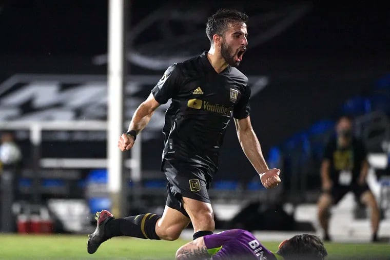 Los Angeles FC's Diego Rossi celebrates scoring one of his four goals against the crosstown rival Galaxy;