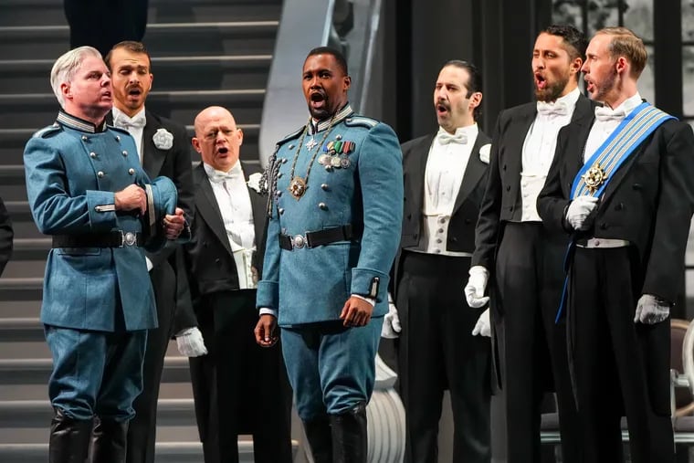 Tenor Khanyiso Gwenxane in his U.S. stage debut as Otello with tenor Colin Doyle as the Doge and members of the Opera Philadelphia Chorus in Rossini's Otello at Opera Philadelphia.