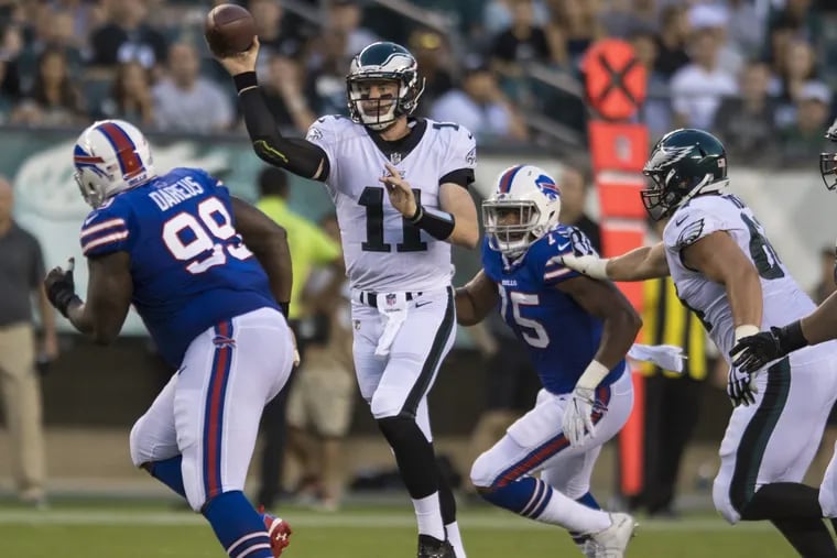 Eagles quarterback Carson Wentz fires a pass on the run in the first quarter against the Buffalo Bills at Lincoln Financial Field.