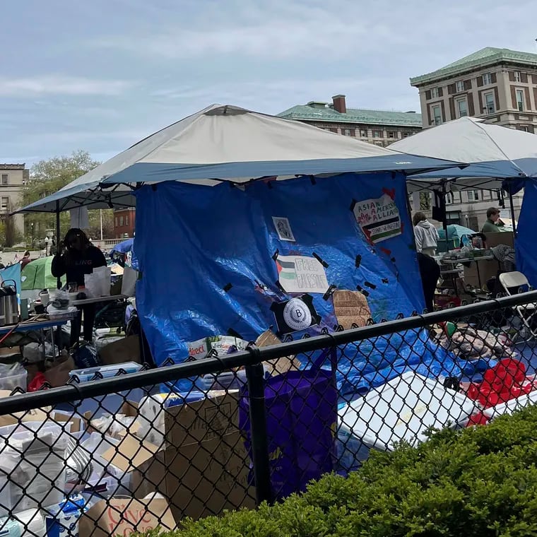 Pro-Palestinian protesters camp out in tents at Columbia University on Saturday in New York.
