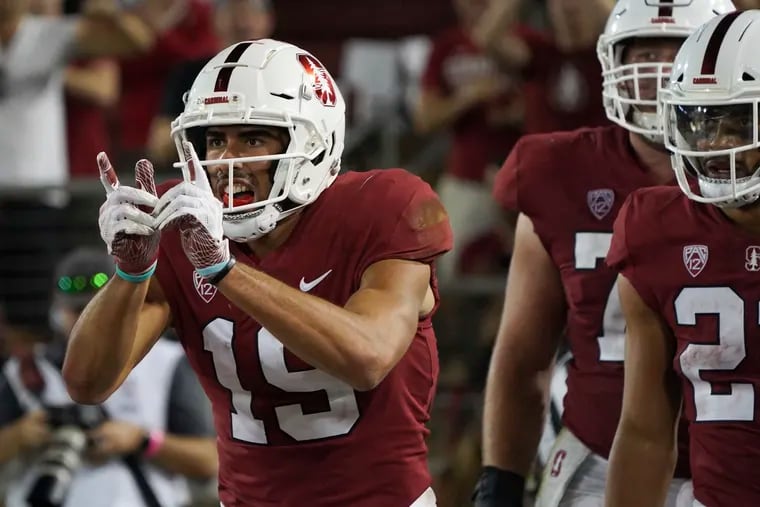 Stanford wide receiver JJ Arcega-Whiteside celebrates a touchdown in the second half against Washington State during an NCAA college football game on Saturday, Oct. 27, 2018, in Stanford, Calif. (AP Photo/Don Feria)