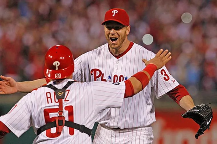 Roy Halladay and Carlos Ruiz celebrate the no-hitter in Game 1 of the NLDS at Citizens Bank Park in 2010.